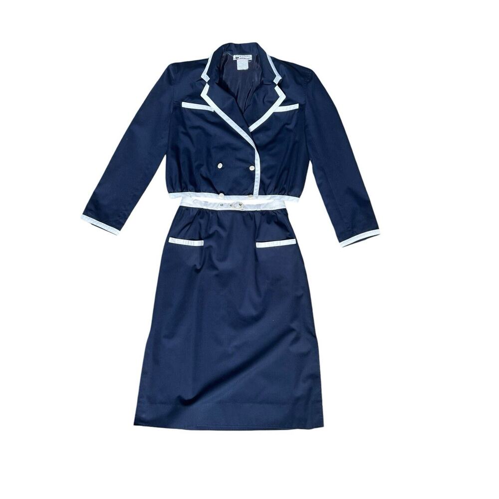 Courrèges Navy Blue Jacket‎ & Skirt Suit Ensemble White Trim Size Medium 1980's